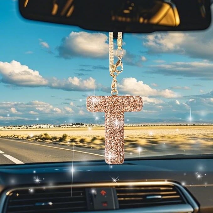 Bling Car Accessories for Women Letter Charm, Rainbow Crystal Rearview Mirror Pendant, Cute Diamond Rhinestone Car Decor, Lucky Gift for Women(T, Champagne Gold)