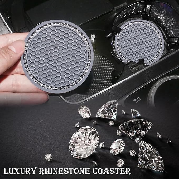 2PCS Bling Cup Holder Coaster, 2.75 Inch Auto Car Cup Holder Insert Coasters, Soft Silicone Anti-Slip Shockproof, Universal Vehicle Interior Accessories for Women Girls (Gray & White)
