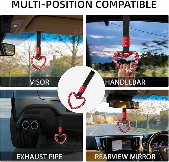 NBTEPEM Bling Heart Handle Ring Bling Car Accessories for Women Handle Strap Drift Charm Rear Bumper Warning Ring Tsurikawa Heart Decor for Car Interior Exterior Decoration (Red, Heart Style)