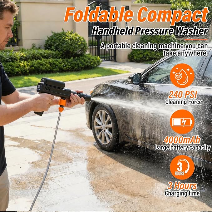 Foldable Cordless Washer Handheld Water Sprayer with 5-in-1 Nozzle & Foam Pot for Home, Bicycles, and Patio