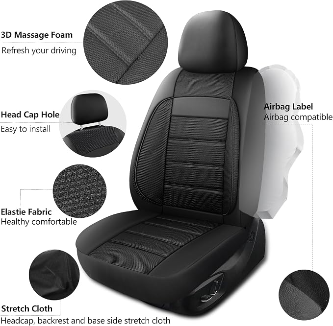 HChengkikz Front Car Seat Covers, Leather, 3D Foam Back Support (Black) | Air Mesh, Airbag Compatible, Universal Fit for Most Cars, Vans, Trucks, SUVs