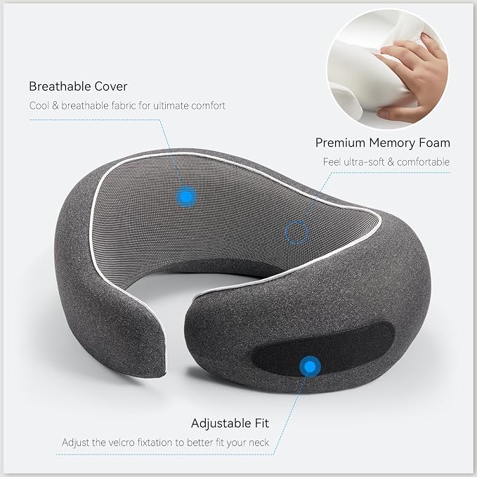 Travel Neck Pillow for Airplanes, 100% Pure Memory Foam Travel Pillow with Ergonomic 360° Support, Travel Essentials for Long Flights, Car, Train and Home, Max Blue