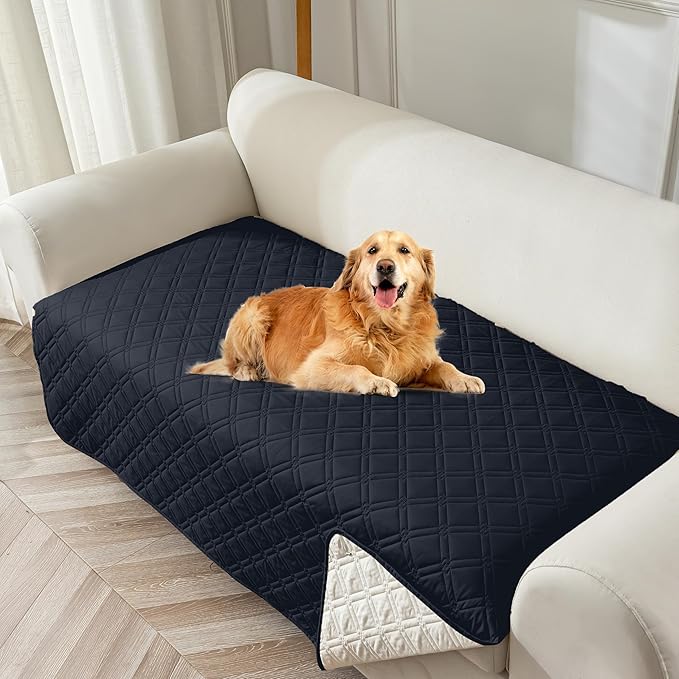 Genina Waterproof Couch Cover, Washable Anti-Slip 86.6 inch Sofa Covers with 4 Cushions, Sectional Couch Covers for Pets Friendly, Sofa Slipcovers for Dogs Cats, (86inch/Navy Blue)