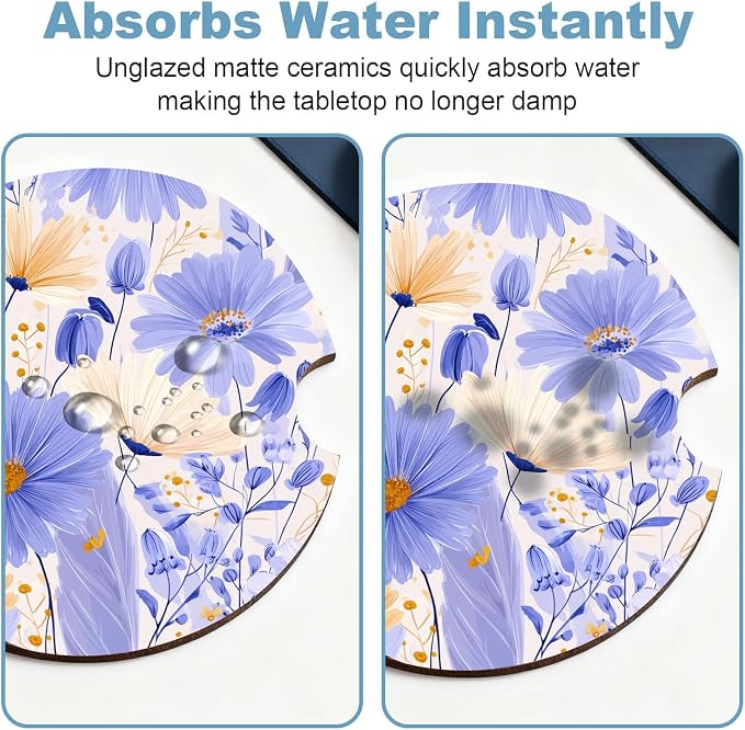 Car Cup Holder Coaster Set of 2, 2.56 in Ceramic Coasters, Scratch-Resistant Cork Backing, Finger Groove Design for Easy Placement, Cute Car Accessories Interior for Women (Purple Flowers)