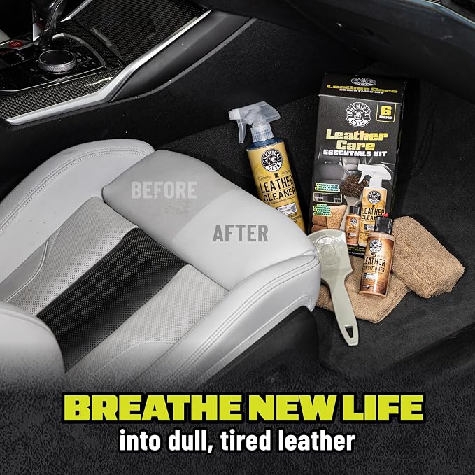 Chemical Guys, Car Leather Care Kit, Cleaner, Conditioner & Tools, 6 Pc | Leather cleaner, conditioner, brush and towels to clean, soften and protect seats and trim, six-piece kit