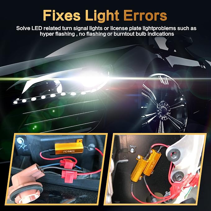 10Pcs 50W 3/6/8/9/12 Ohm 12V Led Load Resistors, Resistors for LED Lights, Led Load Equalizer, for Turn Signal Lights & Tail Lights, Fix Hyper Flash Blink Error, with 20pcs Quick Wire Clip