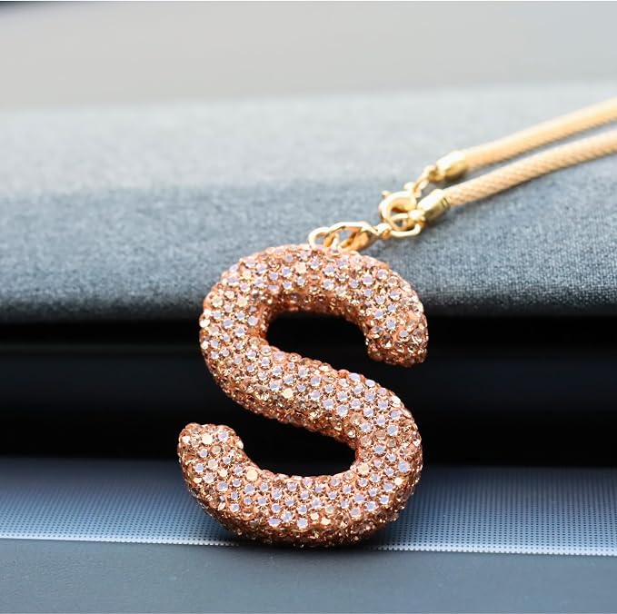 Bling Car Accessories for Women Letter Charm, Rainbow Crystal Rearview Mirror Pendant, Cute Diamond Rhinestone Car Decor, Lucky Gift for Women(S, Champagne Gold)