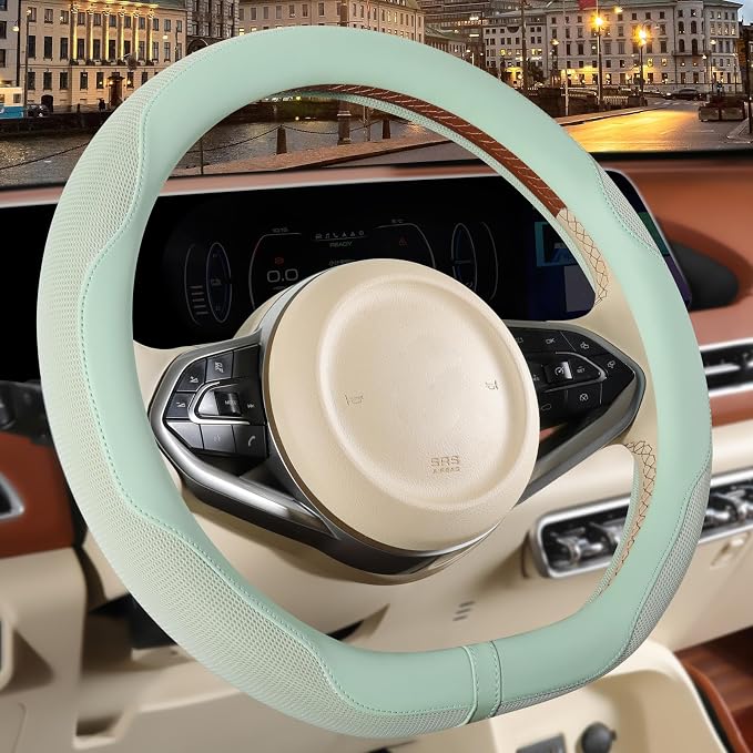 Nappa Leather Green D Shaped Steering Wheel Cover 14 inch | Non-Slip Breathable Ice Silk Fabric, Warm in Winter and Cool in Summer, Small 13.5 inch to 14 inch for Prius Golf Cart