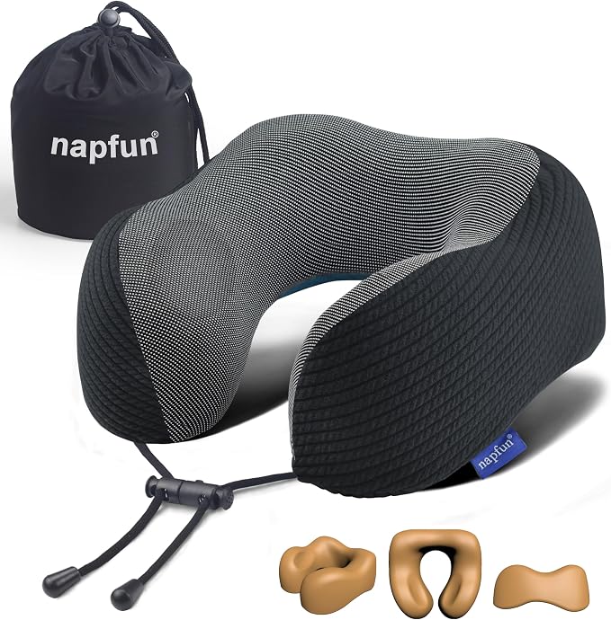 napfun Neck Pillow for Traveling, Upgraded Travel Neck Pillow for Airplane 100% Pure Memory Foam Travel Pillow for Flight Headrest Sleep, Portable Plane Accessories, Charcoal Black