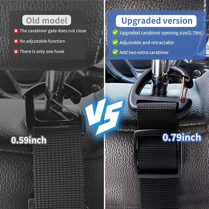 Purse Hook for Car, Adjustable Headrest Hooks & Hat Clip (2 Pack) | 100 LBS Heavy Duty | Metal Construction | Anti-Slip Clip | Tool-Free Install | All Vehicle Fit | Drivers Crews Families