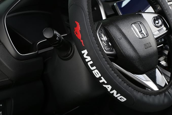 Car Steering Wheel Cover, Leather, Anti-Slip Lining, Universal for Mustang, 14.5-15 Inch, Black