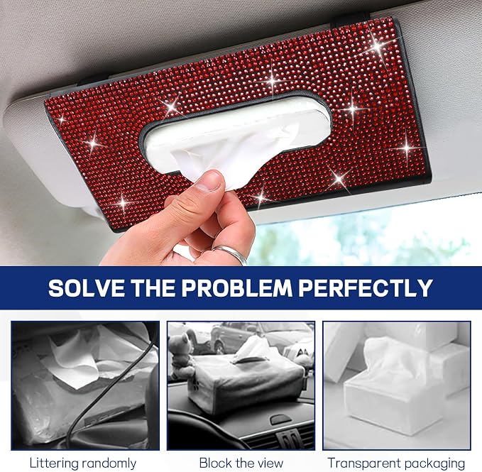 Bling Car Tissue Holder for Sun Visor, Crystal Rhinestone Visor Tissue Box, Leather Vehicle Paper Towel Case, Sparkling Auto Napkin Holder for Women, Car Accessories Decoration (Red)