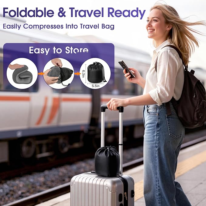 CloudBliss Travel Pillows for Airplane, Memory Foam Neck Pillows for Travel, Compact Neck Pillow for Long Flight, Car & Office, Plane Accessories with Eye Mask, Earplugs, Carry Bag, Black & Dark Grey
