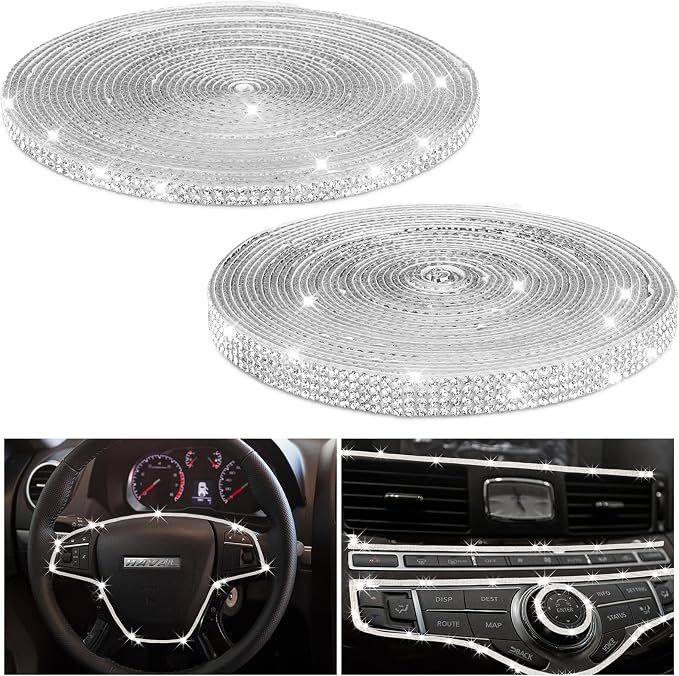 Frienda 2 Rolls 30 Ft Bling Car Trim Self Adhesive Glitter Crystal Rhinestone Car Interior Exterior Accessories Rhinestone Strips Diamond Stickers Roll for Women Auto Dashboard Diamond DIY Decor