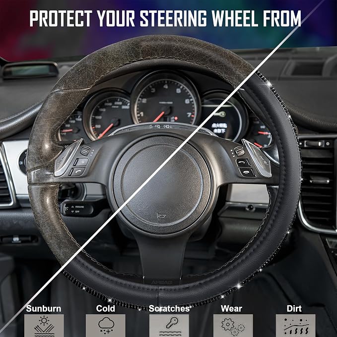 CAR PASS Bling Black Diamond Leather Steering Wheel Cover, with Sparkly Crystal Glitter Rhinestone Universal Fit 15" 1/2-16" Large Size Car Wheel Protector for Women Girl Fit Car,SUV,Van,Sedan, Black