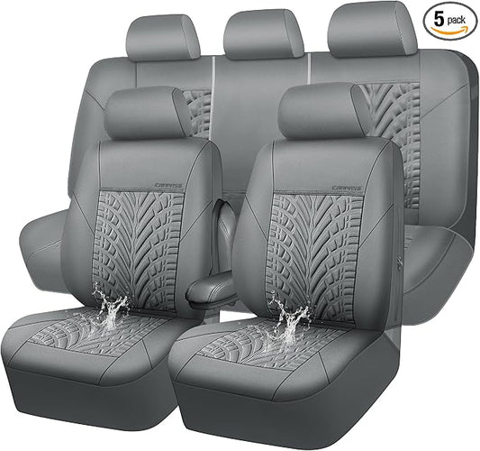 CAR PASS Neoprene Waterproof Seat Covers Full Sets, Wetsuit Car Seat Covers 5 Seats Universal Fit for Vans, Truck, SUV, 3D Tyre Embossed Seat Covers Anti Slip with Armrests, Aibag Compatible(All Gray)