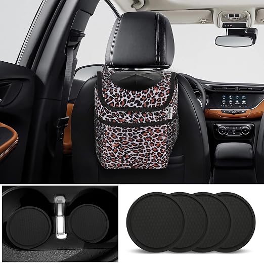 Big Ant Leopard Car Trash Can with Lid & Coasters | 2 Gallon Leak-Proof Hanging Garbage Bin for Back Seat | Waterproof Storage Organizer & Cooler Bag for Road Trips, SUVs & Family Travel