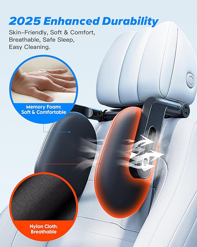 RunSnail Car Headrest Pillow, 360° Rotating Travel Headrest, Memory Foam | 3-Point Linkage Adjustable Design, Thickened Breathable Memory Foam, Travel Car Sleeping Pillow for Kids & Adults