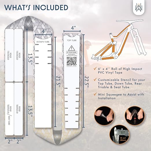 Bike Frame Protection Tape- High Impact Clear Vinyl Wrap Includes Tool (4”x72) Bicycle Frame Protector, Mountain Bike Frame Guard Chainstay Protector (Art Deco)