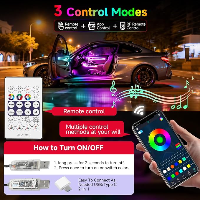 DREAMOTOR Interior Car LED Strip Lights, Acrylic LEDs Lights for Car with Dynamic Dreamcolor Chasing, Ambient Lighting Kits Music Sync Wireless APP and RF Remote Control (55.12inch*2)
