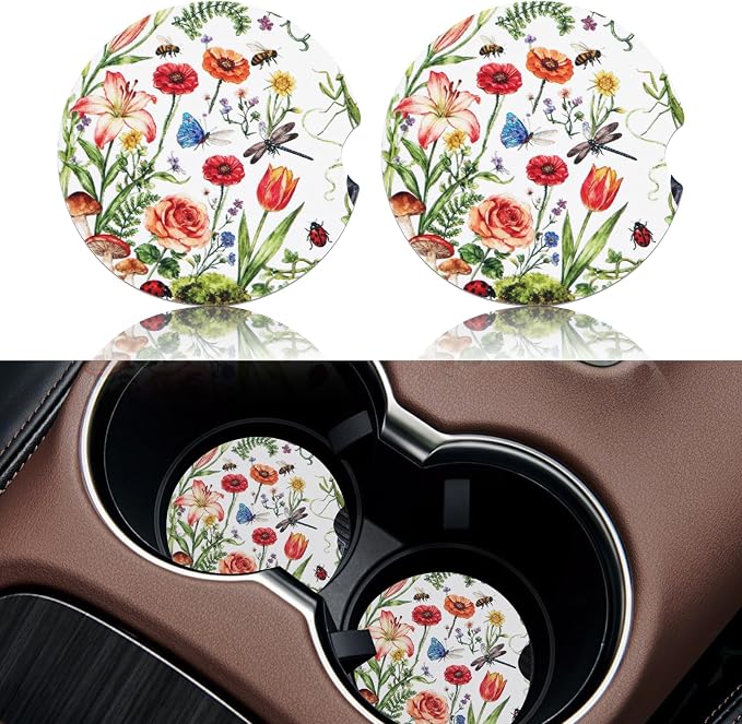 2 Pack Floral Car Coasters for Women Car Cup Holder Coasters, 2.63 Inch Anti Slip Ceramic Absorbent Coaster with Cork Base and Finger Notch, Cute Car Accessories Interior