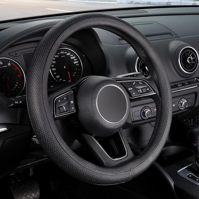 SEG Direct Black Car Steering Wheel Cover Small Size 14-14.25 inch (35.5-36 cm), for Prius Civic Model 3 Model Y Camaro, Breathable Microfiber Leather