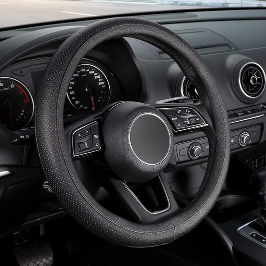 SEG Direct Black Car Steering Wheel Cover Small Size 14-14.25 inch (35.5-36 cm), for Prius Civic Model 3 Model Y Camaro, Breathable Microfiber Leather