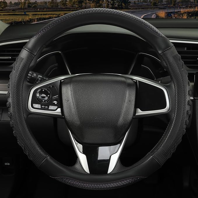 Anti-Slip Silicone Steering Wheel Cover Great Grip with 3D Honeycomb | Heavy-duty Microfiber Leather Sporty Design, Universal 14.5 inch - 15 inch, Black with Purple