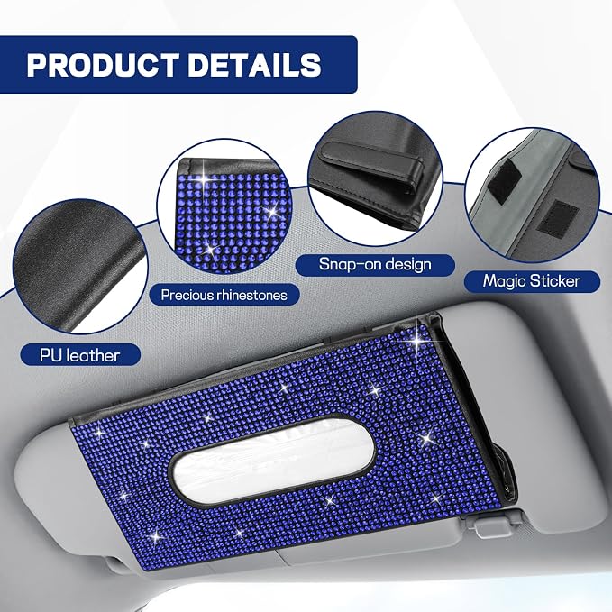 Bling Car Tissue Holder for Sun Visor, Crystal Rhinestone Visor Tissue Box, Leather Vehicle Paper Towel Case, Sparkling Auto Napkin Holder for Women, Car Accessories Decoration (Blue)