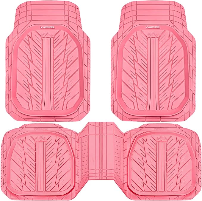 CAR PASS DeepDish Pink Floor Mats for Cars Full Set,Heavy Duty Rubber Car Mats 3-Piece,Universal Waterproof Trim-to Fit Automotive Floor Mats for Truck Van SUV, Durable All-Weather Car Mats (Pink)