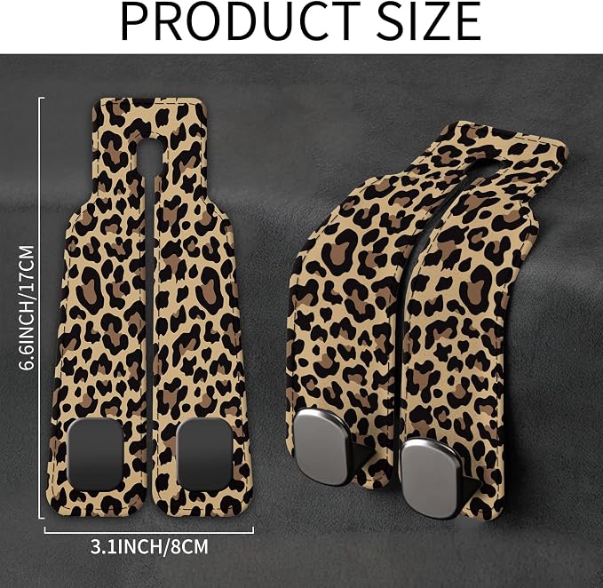 Car Seat Back Storage Headrest Hook, Premium Leather Double Metal Hook, Hanger Storage Organizer for Purse Cloth Bag, Car Interior Accessories Luxury Brown Leopard