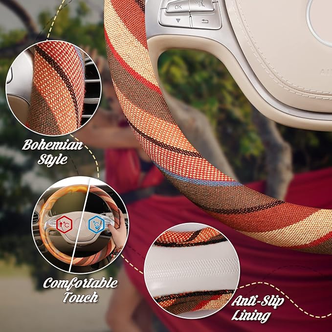 SEG Direct Boho Steering Wheel Cover, Baja Blanket Cloth, Coarse Flax | Bohemian Car Decor, Ethnic Style, Coarse Flax, Fabric Cover Fits 14 1/2-15 1/4 inches Standard Medium Size, for Women Men