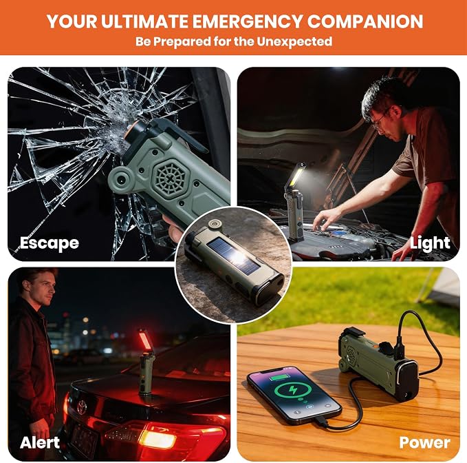 8-in-1 Car Emergency Escape Tool with Spring-Loaded Window Breaker | Seat Belt Cutter, Magnetic Work Light, Emergency Flashlight & Power Bank for Roadside Emergencies, Camping & Daily Driving
