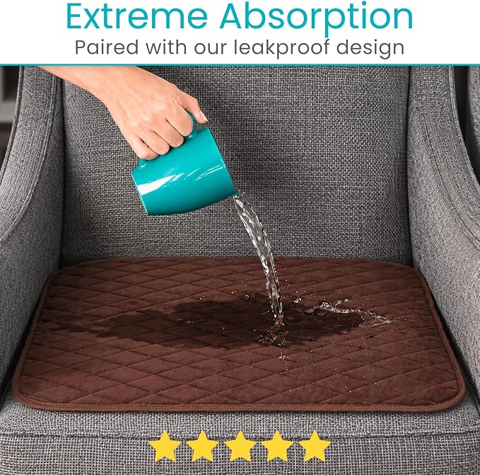 Sures Waterproof Chair Pads for Incontinence (22" x 21") - Washable Seat Protector - Chair Cover - Absorbent Pad for Bed, Seat, Car, Wheelchair & Recliner (Brown, 4 Pack)