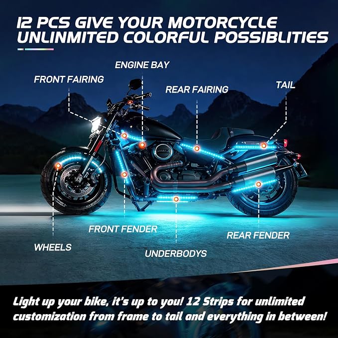 Nilight 12PCS Motorcycle RGB Led Light Kit Waterproof Multi Color Atmosphere Neon Accent APP and Remote Control Underbody Strips for Harley Davidson Honda Kawasaki Suzuki
