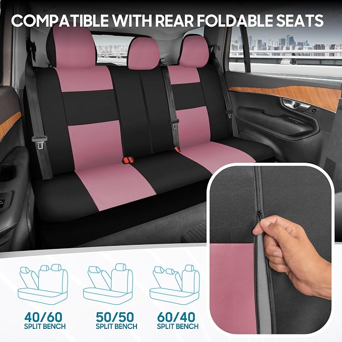 BDK PolyPro Car Seat Covers Full Set in Pink on Black, Front and Rear Split Bench Seat Covers for Cars, Easy to Install Car Seats Cover Set and Accessories for Auto Trucks Van SUV - Pink