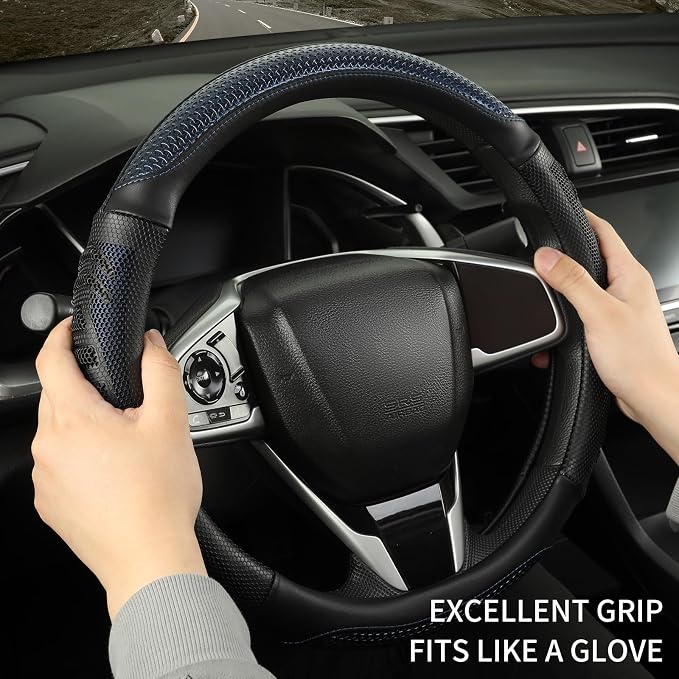 Anti-Slip Silicone Steering Wheel Cover Great Grip with 3D Honeycomb | Sporty Design Large 16 inch for F150 F250 F350 Model S X Ram 4Runner Tacoma Tundra Range Rover, Black with Blue