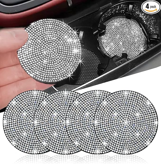 NBTEPEM 4pcs Bling Car Cup Holder Coaster, 2.75 inch Anti-Slip Shockproof Universal Fashion Car Coasters Insert Bling Crystal Rhinestone Automotive Interior Accessories for Women (4 pcs, White)