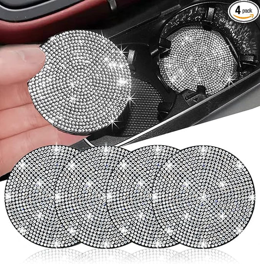 NBTEPEM 4pcs Bling Car Cup Holder Coaster, 2.75 inch Anti-Slip Shockproof Universal Fashion Car Coasters Insert Bling Crystal Rhinestone Automotive Interior Accessories for Women (4 pcs, White)
