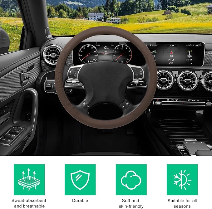 Car Steering Wheel Cover, 15" Breathable Leather Auto Wheel Protector with Comfortable Grip, Non-Slip Perforated Steering Wheel Protective Cover for SUV Truck Sedan Van (Brown)