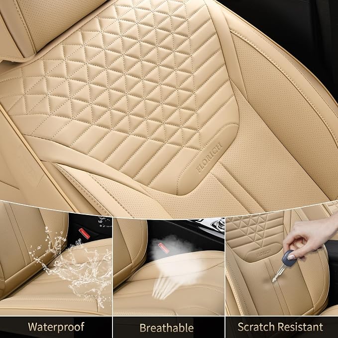 FLORICH Car Seat Covers for Front Seats, Universal Seat Cushion 2 Seats, Car Seat Protector Waterproof, Premium Leather Automotive Seat Covers for Most Cars, Sedans, SUVs, and Trucks-Beige