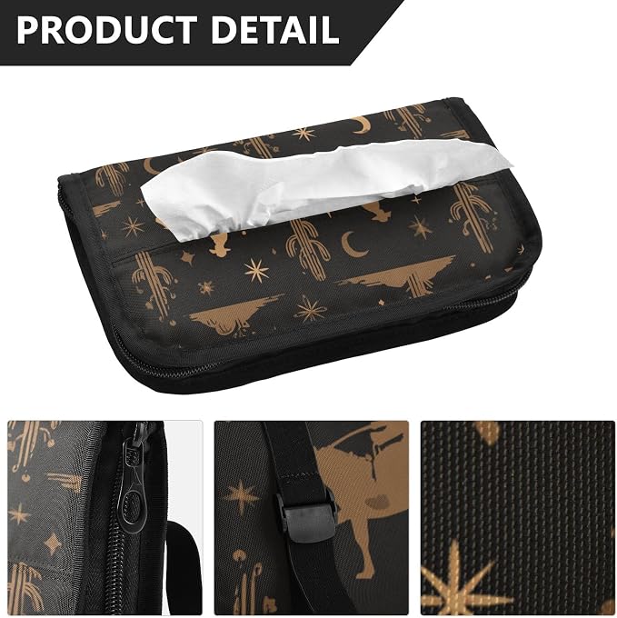 Cowboy Horse Cactus Stars Black Car Tissue Holder Durable Napkin Holder Hanging Tissue Holders Case Car Tissues Bag for Sun Visor Seat Back Universal Auto