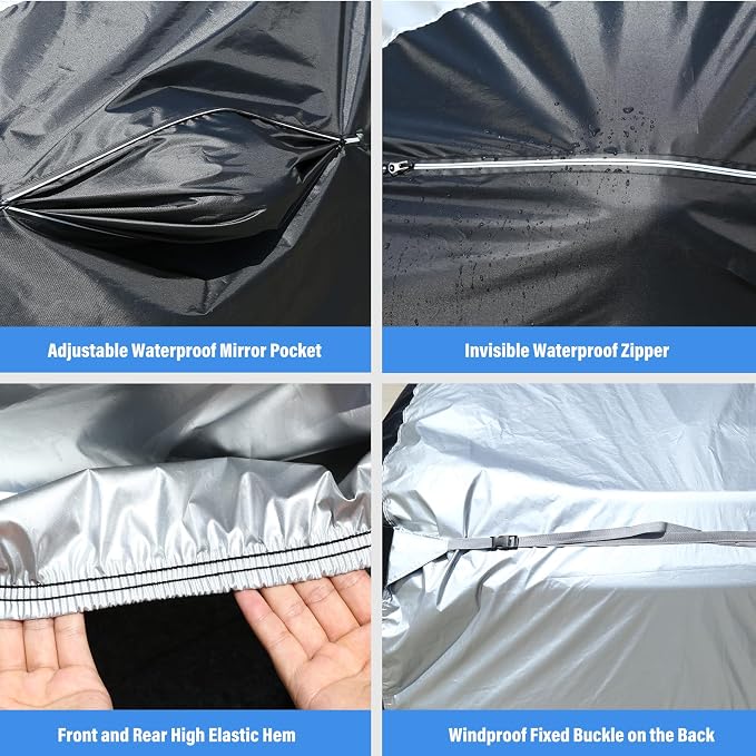 Car Cover Waterproof All Weather, Coverado Outdoor Full Car Covers with Invisible Zipper Mirror Pocket, Rain Sun UV Wind Protection Car Covers for Automobiles Universal Fit for Camaro,etc (183"-193")