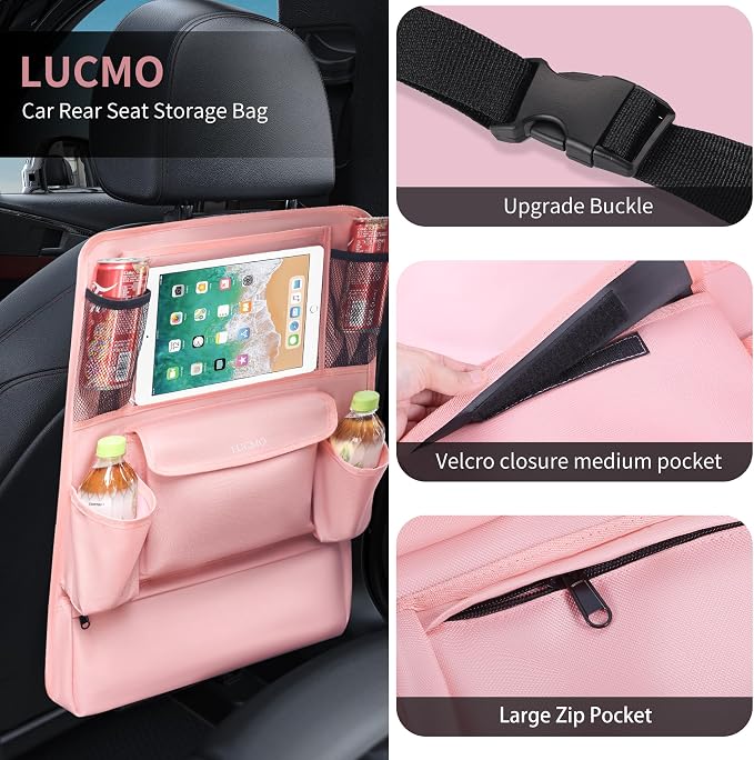 LUCMO Car Backseat Organizer with Touch Screen Tablet Holder, Pink | 9 Storage Pockets,Clear Tablet Holder,Protectors Kick Mats,Travel Accessories,Seat Cover,Road Trip Essentials