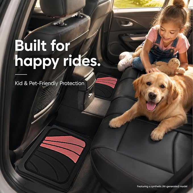 Road Comforts Car Floor Mats Full Set – Front & Rear Car Floor Mats with Aluminum Design, Anti-Slip Backing, All-Weather Protection, Trim-to-Fit Car Mats for Most Sedans, SUVs & Vans - Red
