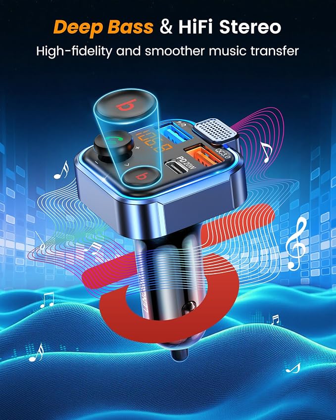 LENCENT FM Transmitter in-Car Adapter, Wireless Bluetooth 5.3 Radio Car Kit | Type-C PD 20W+ QC3.0 Fast USB Charger, Hands-Free Calling, MP3 Player Receiver Hi Fi Bass, Support U Disk