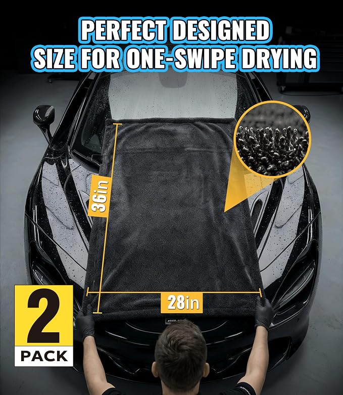 teworld® 2-Pack Car Drying Towels, Large 36 x 28 Inch, 1300 GSM, Dual-Gray | Twisted Loop Microfiber Towel for Cars - Absorbent Car Dry Towel and Car Wash Towel for Streak-Free, Paint-Safe Car Detailing
