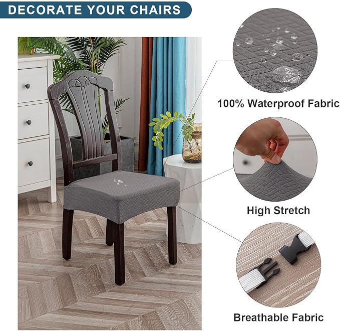 Genina Waterproof Seat Covers for Dining Room Chair Covers Waterproof Dining Chair Covers (6 PCS-Rear-Covered, Grey)