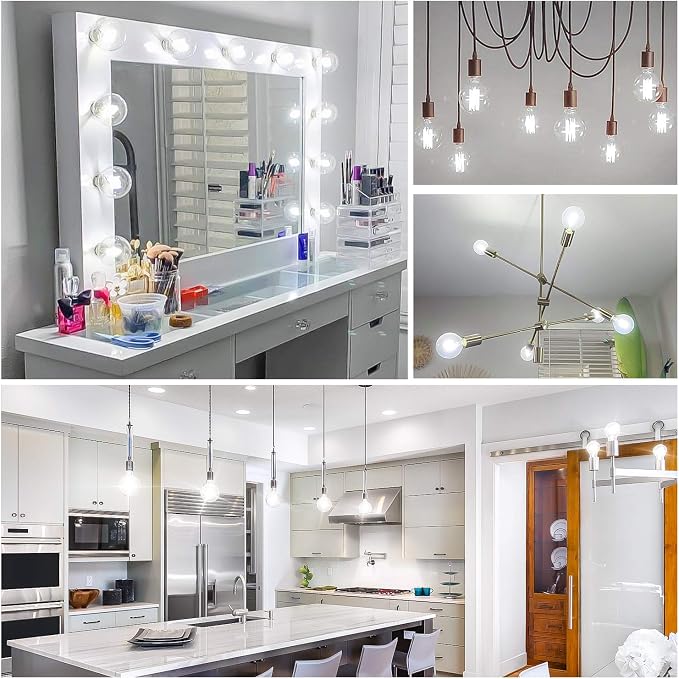 G25 LED Globe Light Bulbs, Dimmable Edison Filament Vanity Light Bulbs, 8W 100W Equivalent, 1200 Lumens Bright, 5000K Daylight White, E26 Medium Base Clear Glass for Bathroom Vanity Mirror, 4 Pack