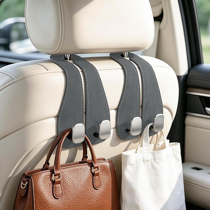 SINGARO 2PCS Car Purse Holder Hook, Seat Back Storage Hook, Leather-Wrapped Alloy Double Headrest Hook for Purses & Bags, Cute Car Interior Accessories for Women and Men, Gray